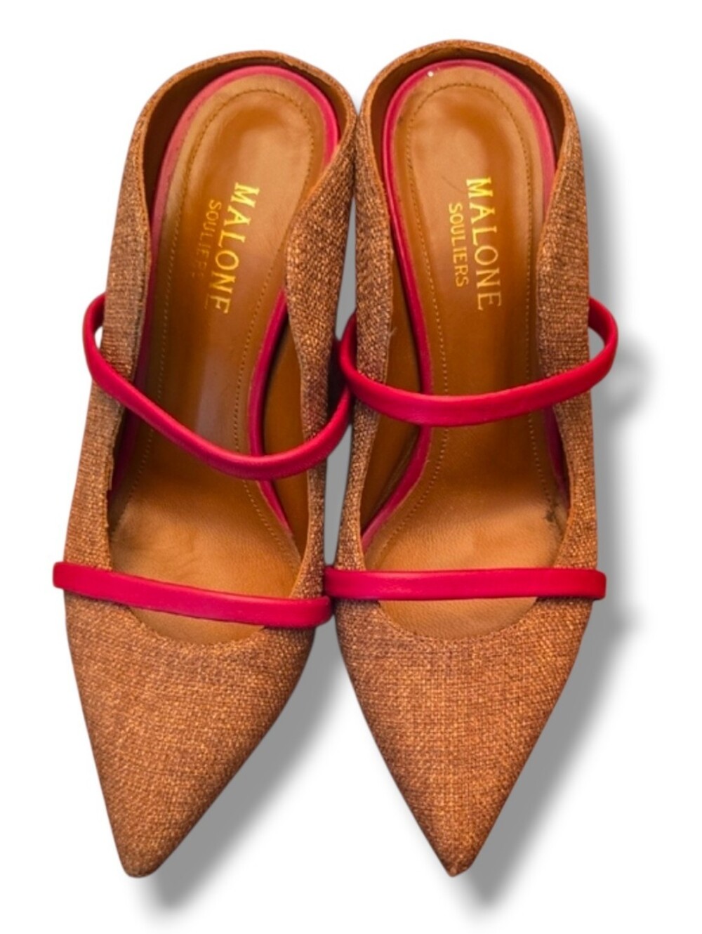 Malone Souliers Norah Brown Pointed Toe Slingback Pumps with Red Straps